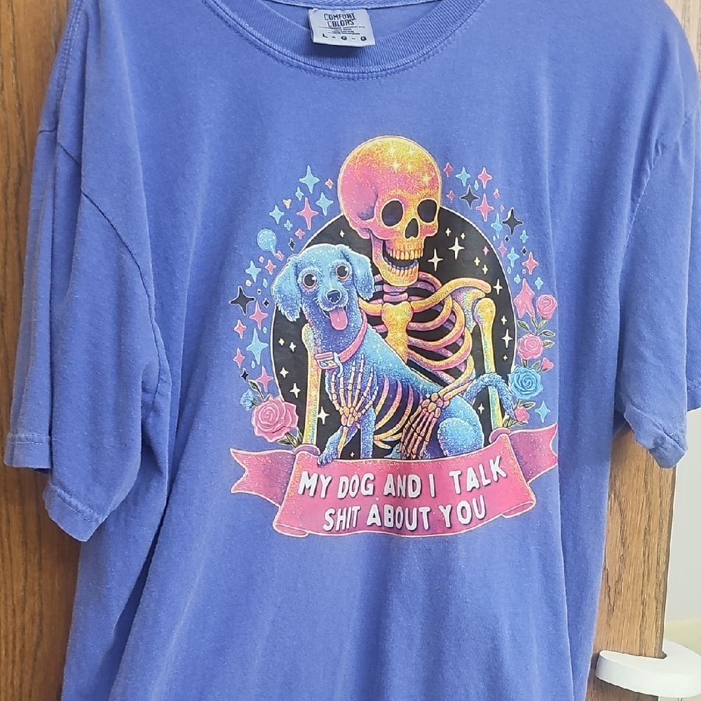 Gildan Blue and Pink Short Sleeve Tee with Playful Graphic